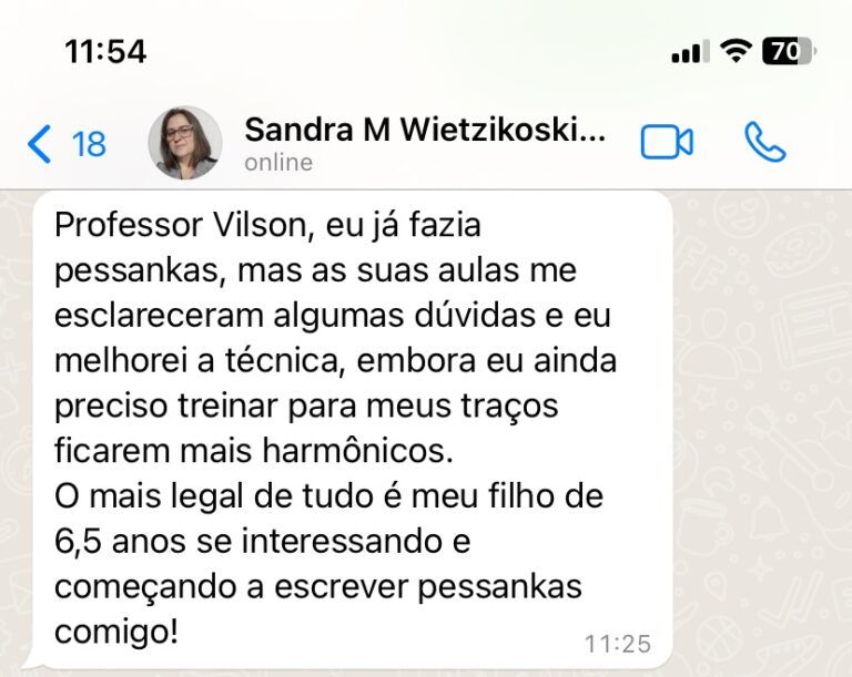 Mensagem da aluna Sandra: melhorou a técnica e o filho de 6 anos começou a escrever pêssankas com ela.